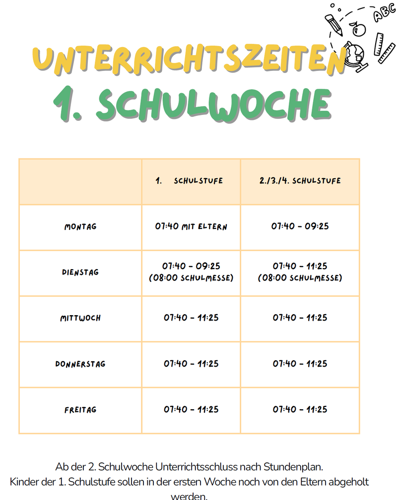 Unterrichtszeiten 1. Schulwoche