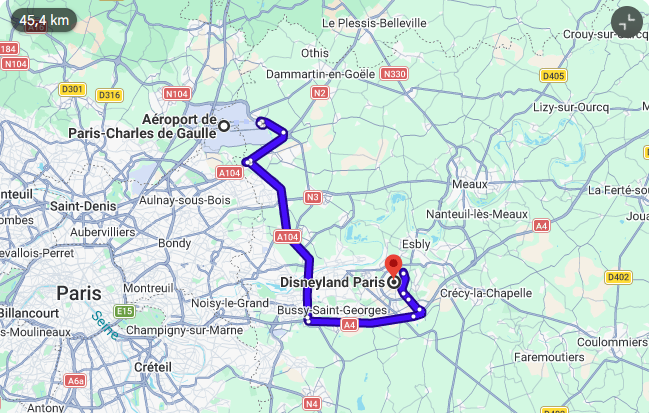 distance cdg to dusneyland paris