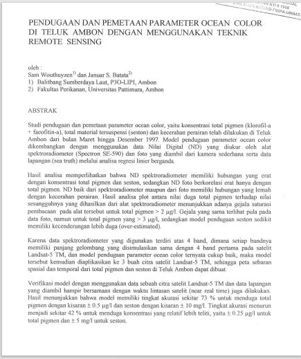 Pendugaan dan Pemetaan Parameter Ocean Color di Teluk Ambon dengan menggunakan teknik Remote sensing