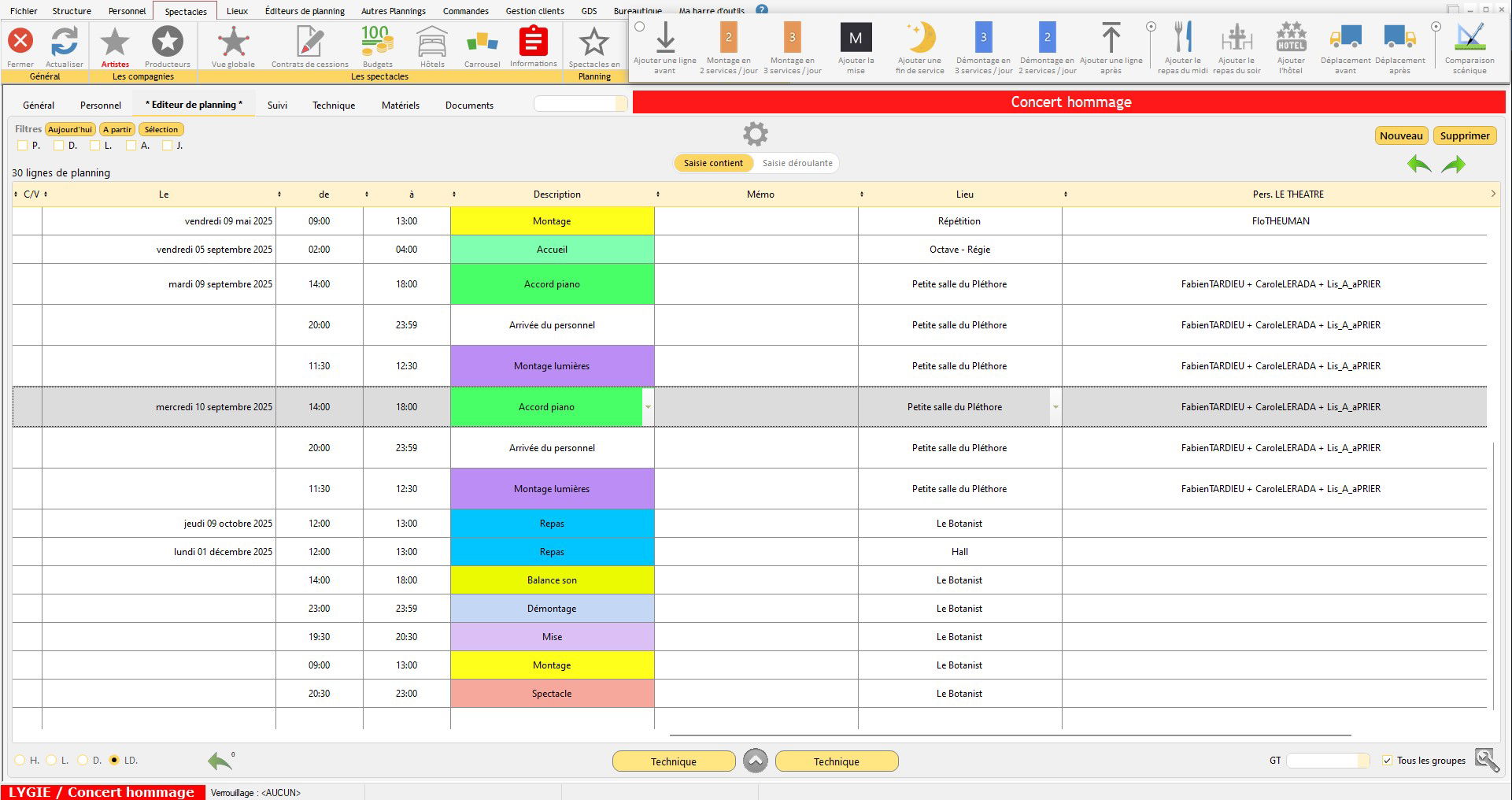 L'EDITEUR DE PLANNING DE LA FICHE SPECTACLE / ACTIVITE