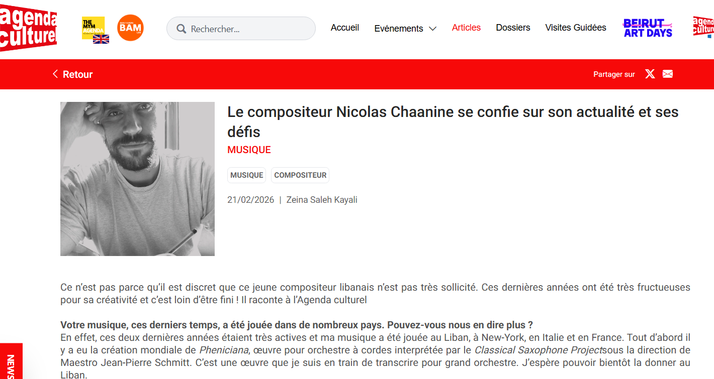 Article about my coming projects in New York, Paris and Lebanon in the AGENDA CULTUREL MAGAZINE written by Zeina Saleh Kayali