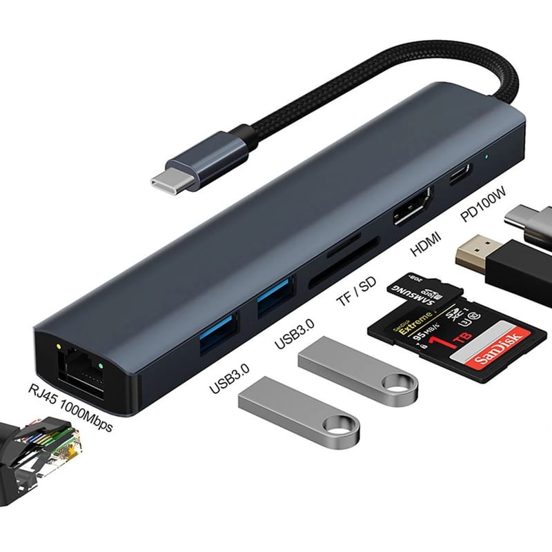 BYL-2303 7 In 1 USB-C Hub with 4K HDMI, Ethernet, Card Reader...