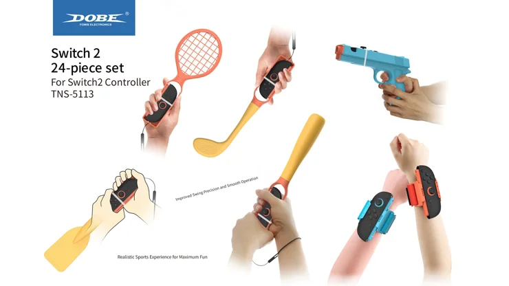 DOBE TNS-5113 For Nintendo Switch 2 24 in 1 Motion Gaming Kit with Tennis  Racket / Fishing Rod / Shooting Gun Joy-Con Holder