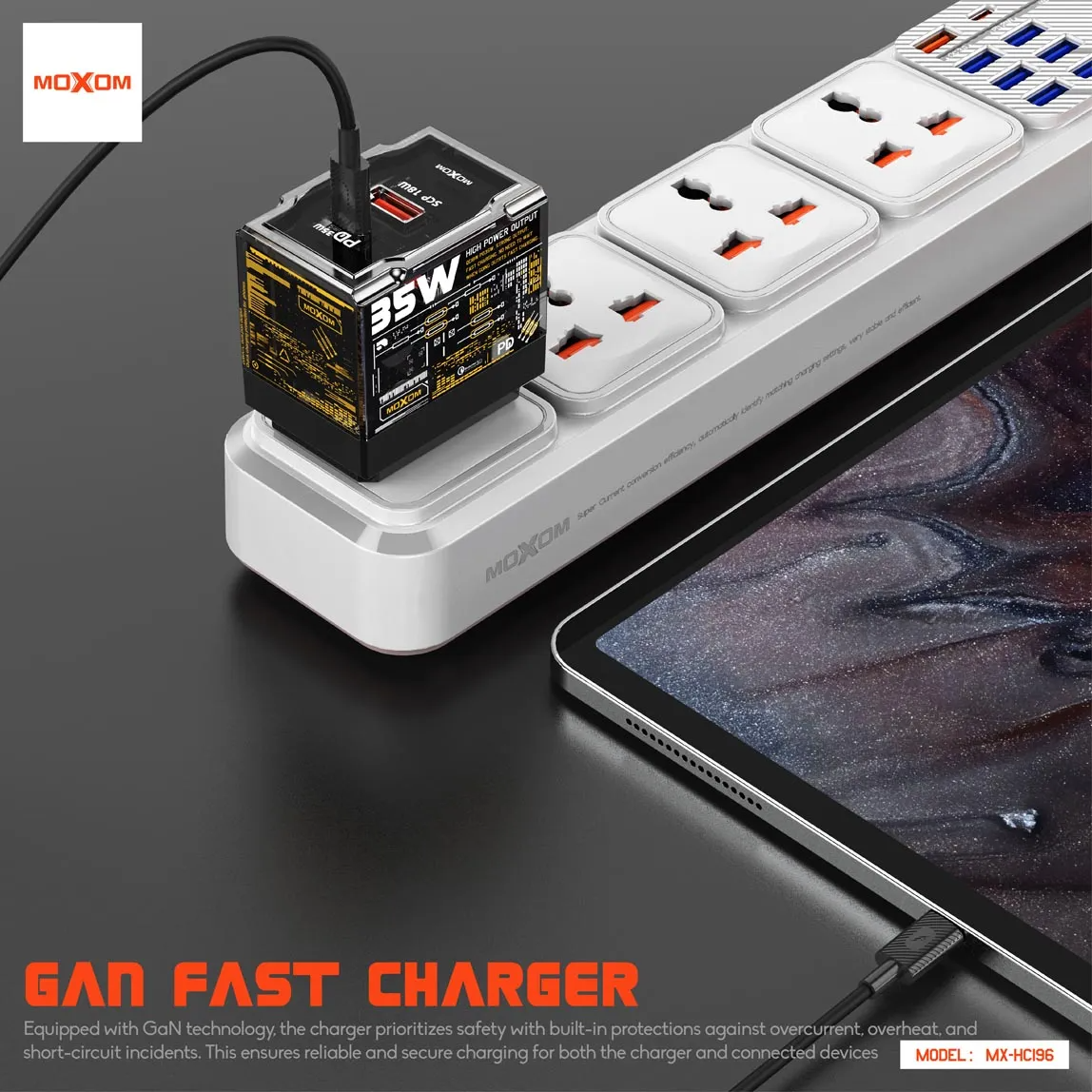 شاحن كهرباء HC196 موكسوم 35W سوبر فاست GaN مع وصلة PD منفذين (PD+USB) MOXOM  MX-HC196 Fast Charger (UK) • موكسوم MOXOM