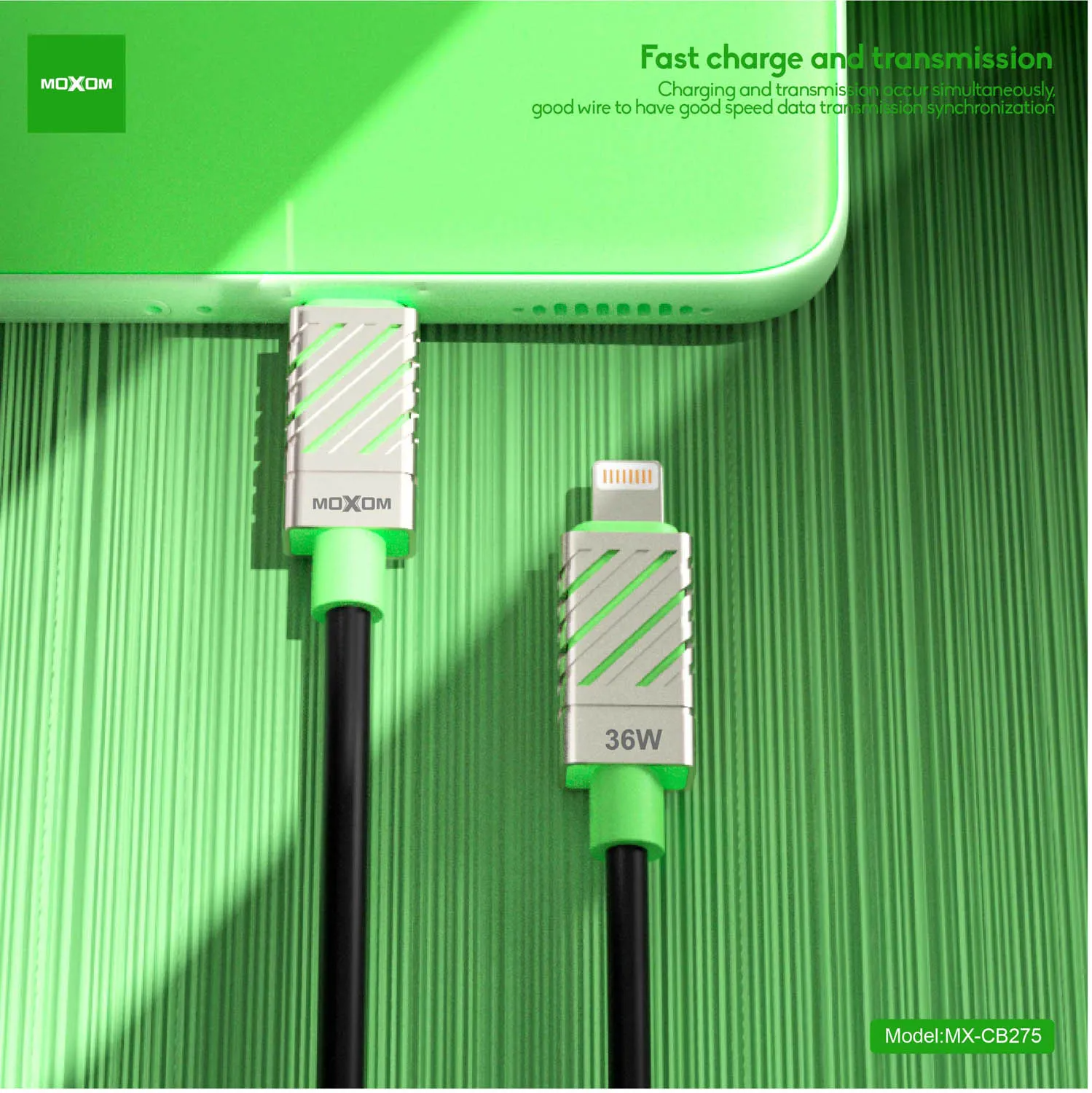 وصلة شحن وبيانات CB275 موكسوم 36W PD (تايب سي آيفون) معدن زنك TPE شحن فائق  السرعة MOXOM MX-CB275 Type-C to Lightning Data Cable • موكسوم MOXOM