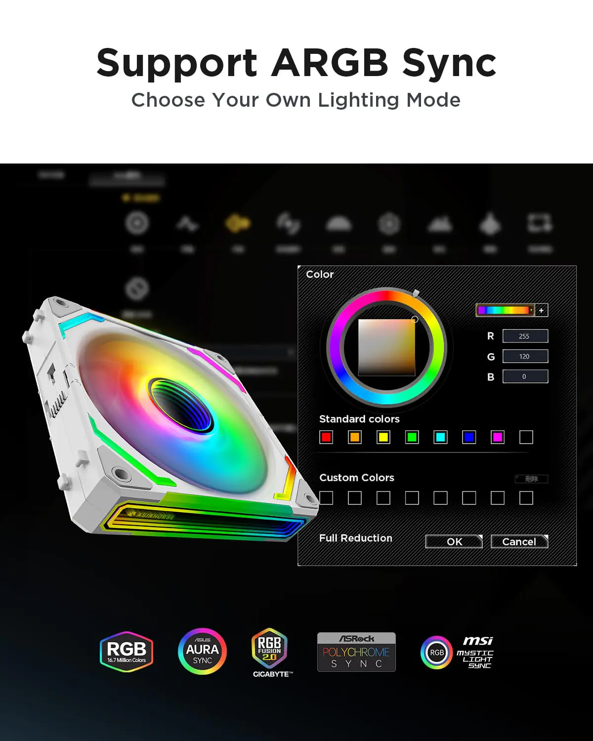 ASIAHORSE COSMIQ ARGB 120mm PWM Fan (Forward, White, 1-Pack) – Daisy Chain Design, 2000 RPM, 68.5 CFM Airflow, HDB Bearing, Music Sync Lighting, 50,000h Lifespan - Image 5