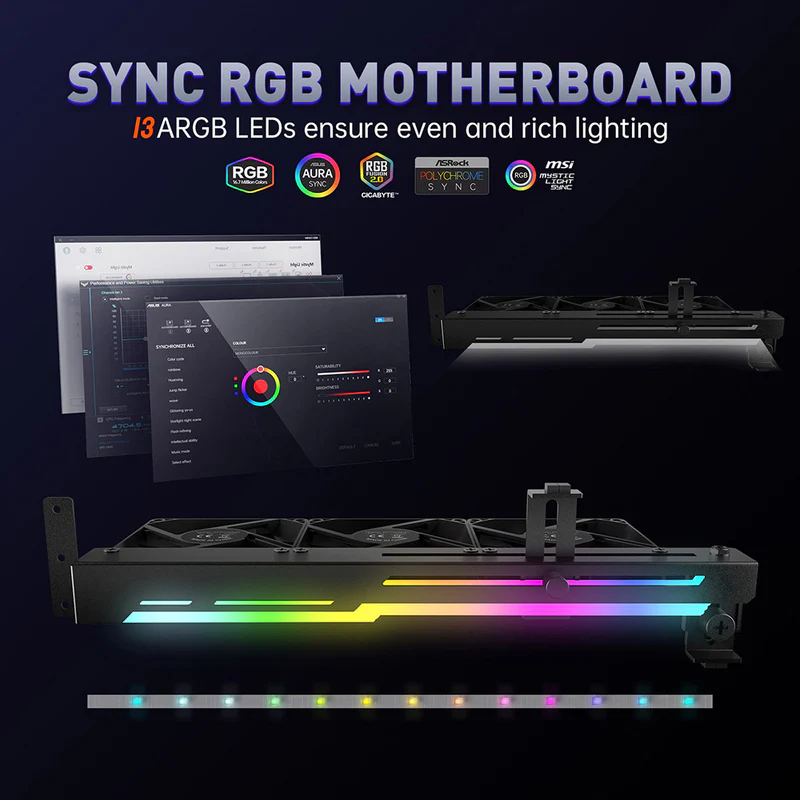 AsiaHorse VoltEd GPU Support Bracket with 3x 80mm ARGB Fans – GPU Brace with PWM Cooling, 5V 3-Pin Sync, Adjustable Design, Strong Support & RGB Lighting, Black - Image 4