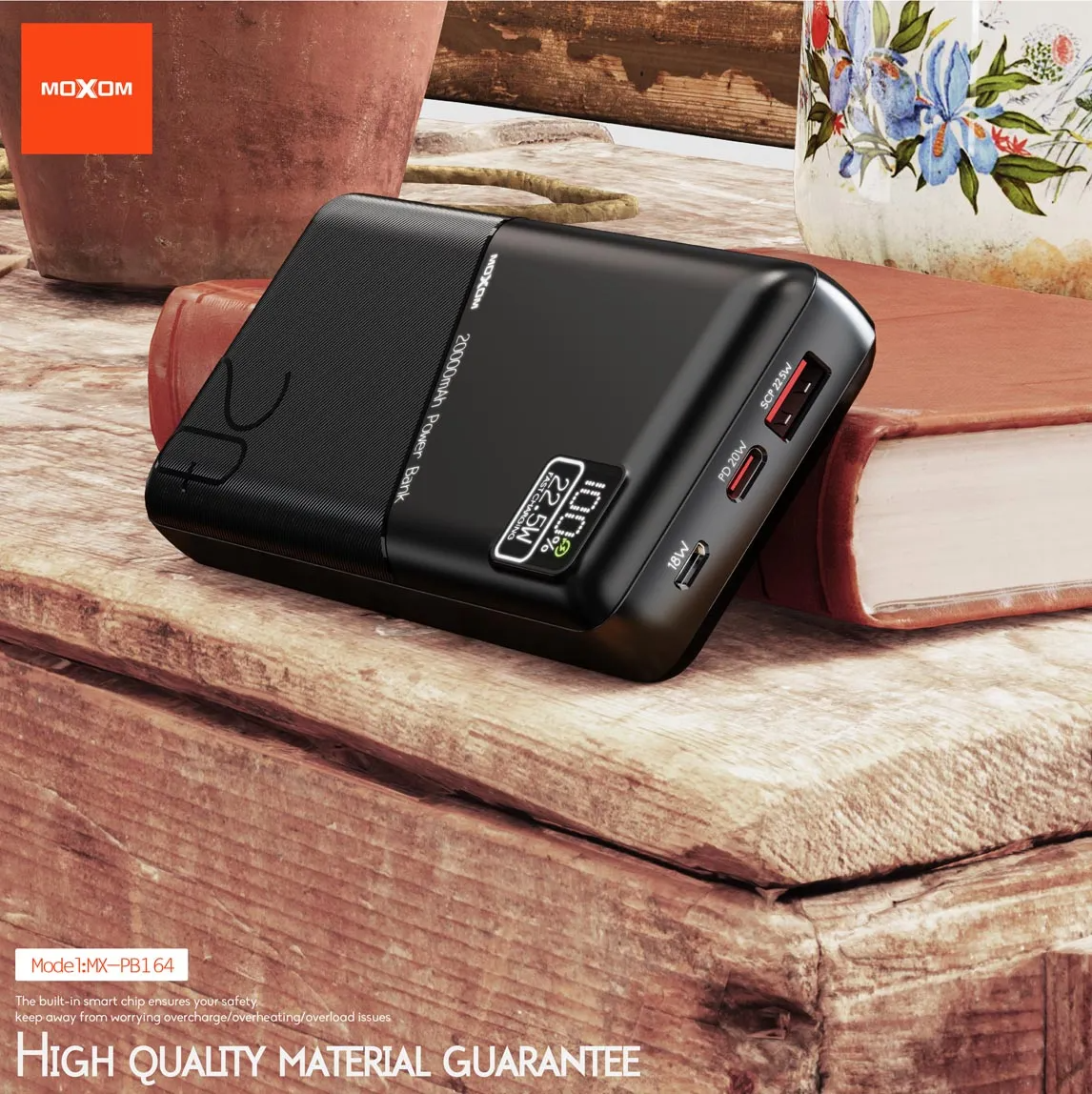 باور بنك PB164 موكسوم (20000mAh) شحن سريع 22.5W منافذ متعددة شاشة رقمية MOXOM  MX-PB164 Power Bank PD • موكسوم MOXOM