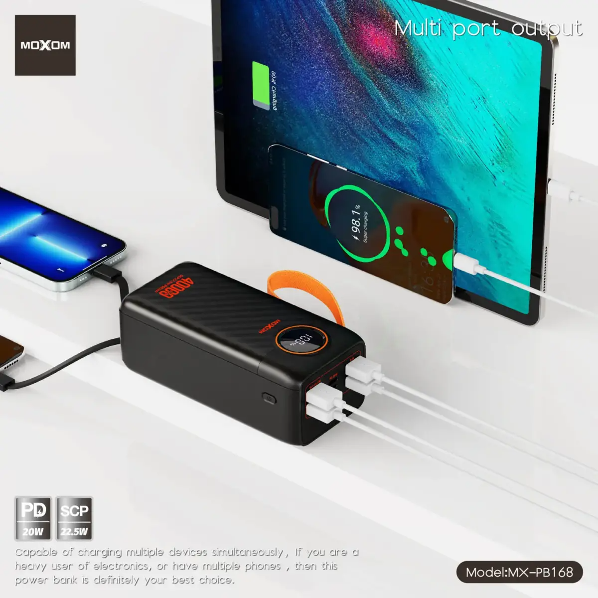 MOXOM MX PB168 40000mAh Power Bank With 22.5W Fast Charging, PD QC3.0 SCP Support, 4 USB Ports, Type C And Lightning Output, LCD Display, Flashlight, Portable Design - Image 2