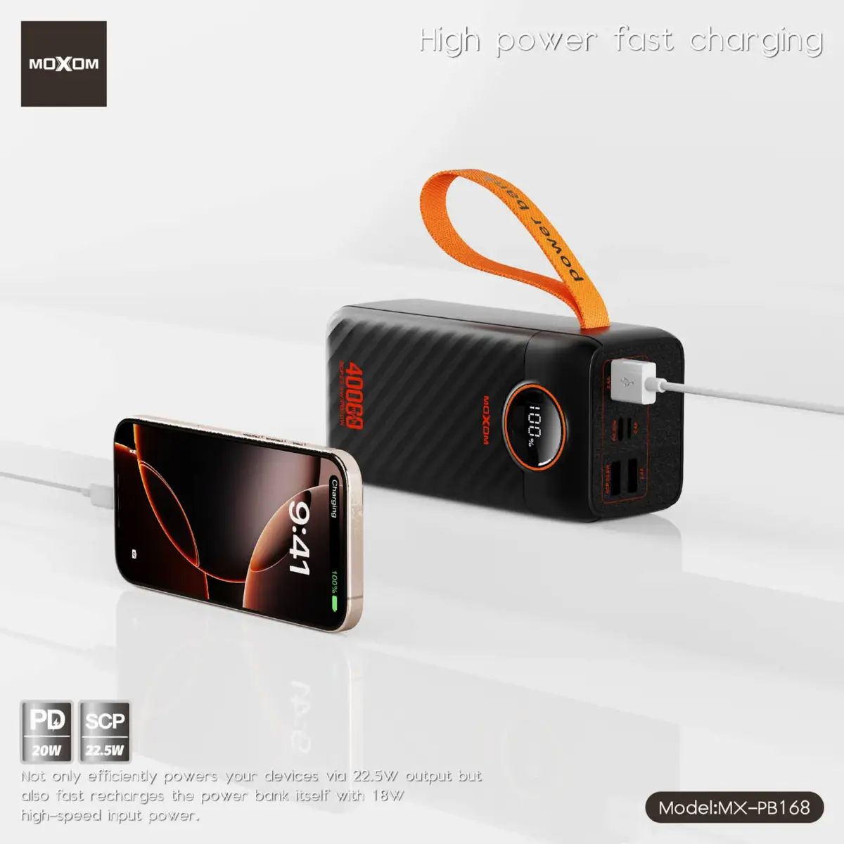 MOXOM MX PB168 40000mAh Power Bank With 22.5W Fast Charging, PD QC3.0 SCP Support, 4 USB Ports, Type C And Lightning Output, LCD Display, Flashlight, Portable Design - Image 3