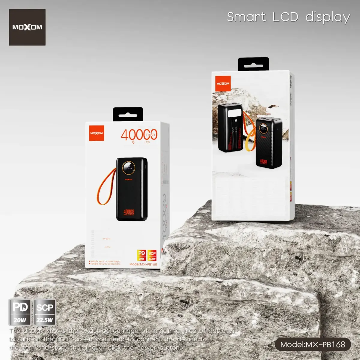 MOXOM MX PB168 40000mAh Power Bank With 22.5W Fast Charging, PD QC3.0 SCP Support, 4 USB Ports, Type C And Lightning Output, LCD Display, Flashlight, Portable Design - Image 4