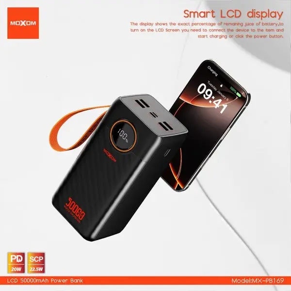MOXOM MX PB169 50000mAh Power Bank With PD 20W And SCP 22.5W Fast Charging, 4 USB Ports, Type C Output, Built In Cables, LCD Display, Multi Device Charging Black - Image 6
