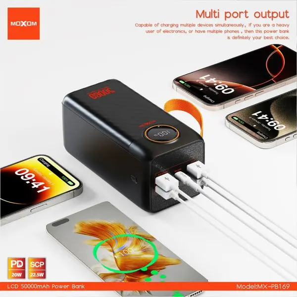 MOXOM MX PB169 50000mAh Power Bank With PD 20W And SCP 22.5W Fast Charging, 4 USB Ports, Type C Output, Built In Cables, LCD Display, Multi Device Charging Black - Image 7