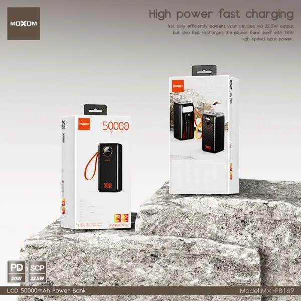 MOXOM MX PB169 50000mAh Power Bank With PD 20W And SCP 22.5W Fast Charging, 4 USB Ports, Type C Output, Built In Cables, LCD Display, Multi Device Charging Black - Image 5