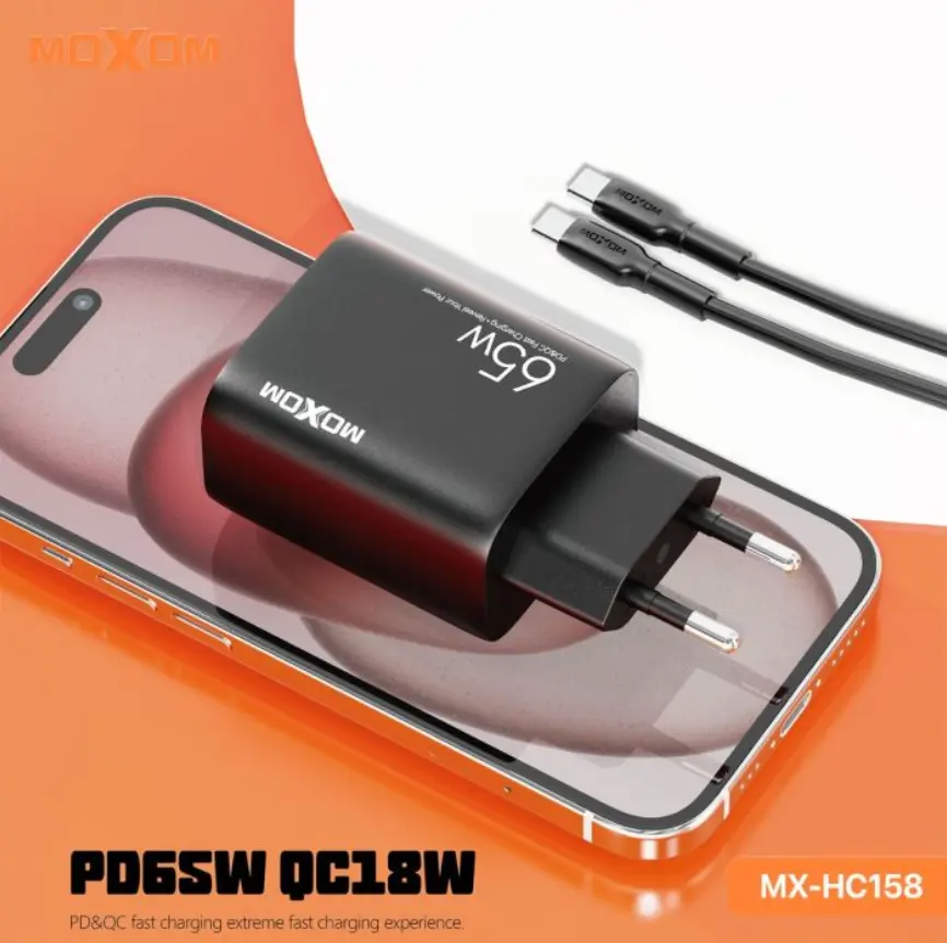 MOXOM MX HC158 65W GaN PD Wall Charger With Dual USB C And USB A Ports, QC 18W Fast Charging, PPS Support, EU Plug, Type C Cable Included, Compact Design - Image 2
