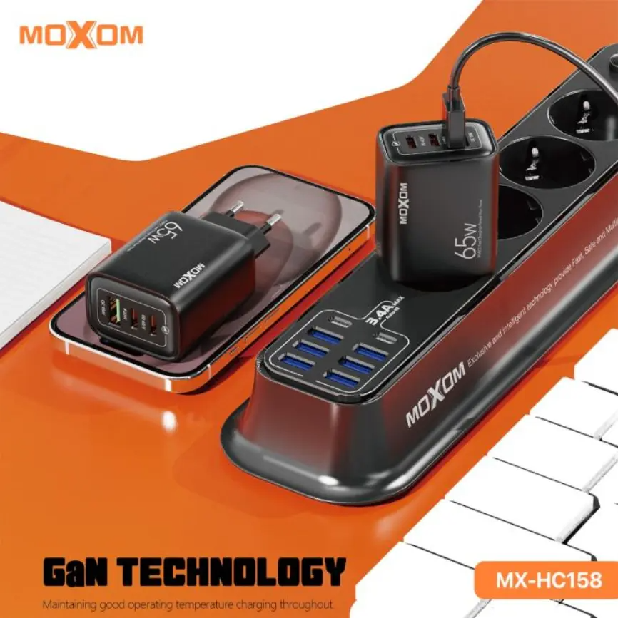 MOXOM MX HC158 65W GaN PD Wall Charger With Dual USB C And USB A Ports, QC 18W Fast Charging, PPS Support, EU Plug, Type C Cable Included, Compact Design - Image 3