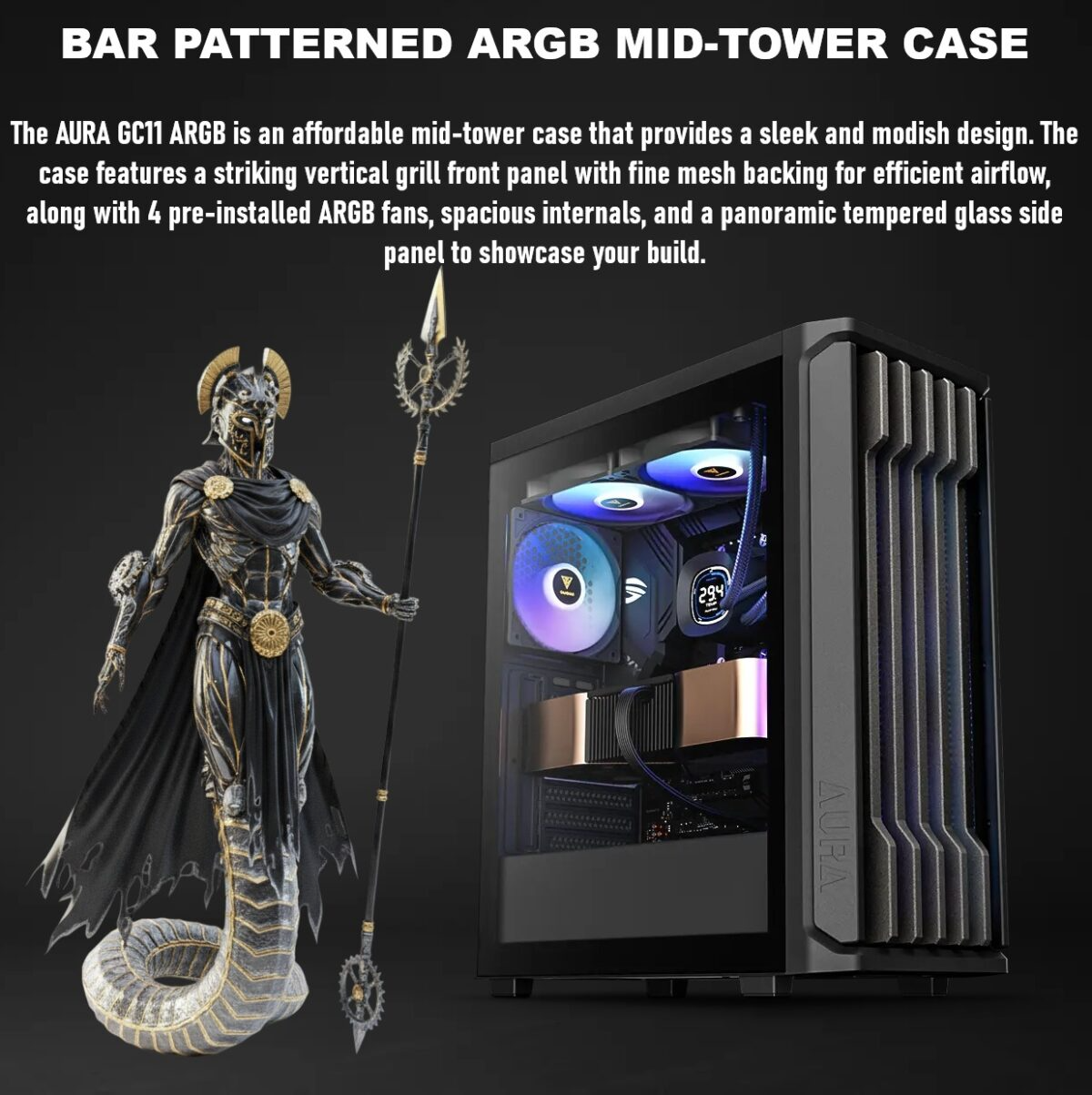GAMDIAS AURA GC11 ARGB Mid-Tower Case With Mesh & Bar Patterned&nbsp; Front, 4 Built-In ARGB Fans, Tempered Glass Window, ATX Support, And Optimized Airflow | BLACK&nbsp;