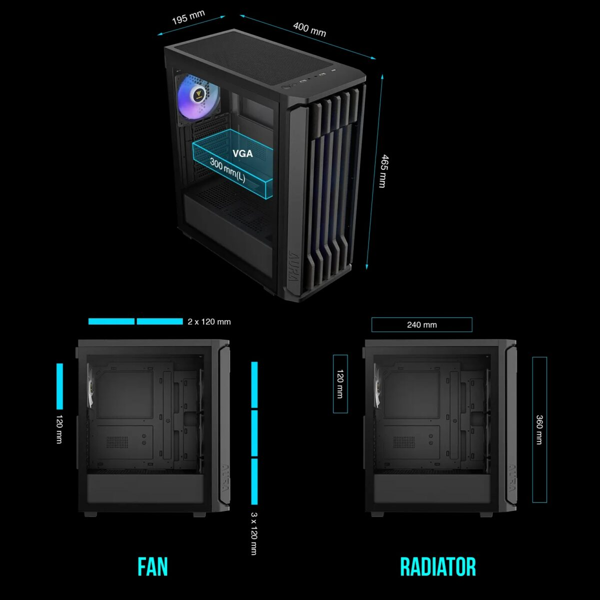 GAMDIAS AURA GC11 ARGB Mid-Tower Case With Mesh & Bar Patterned&nbsp; Front, 4 Built-In ARGB Fans, Tempered Glass Window, ATX Support, And Optimized Airflow | BLACK&nbsp;