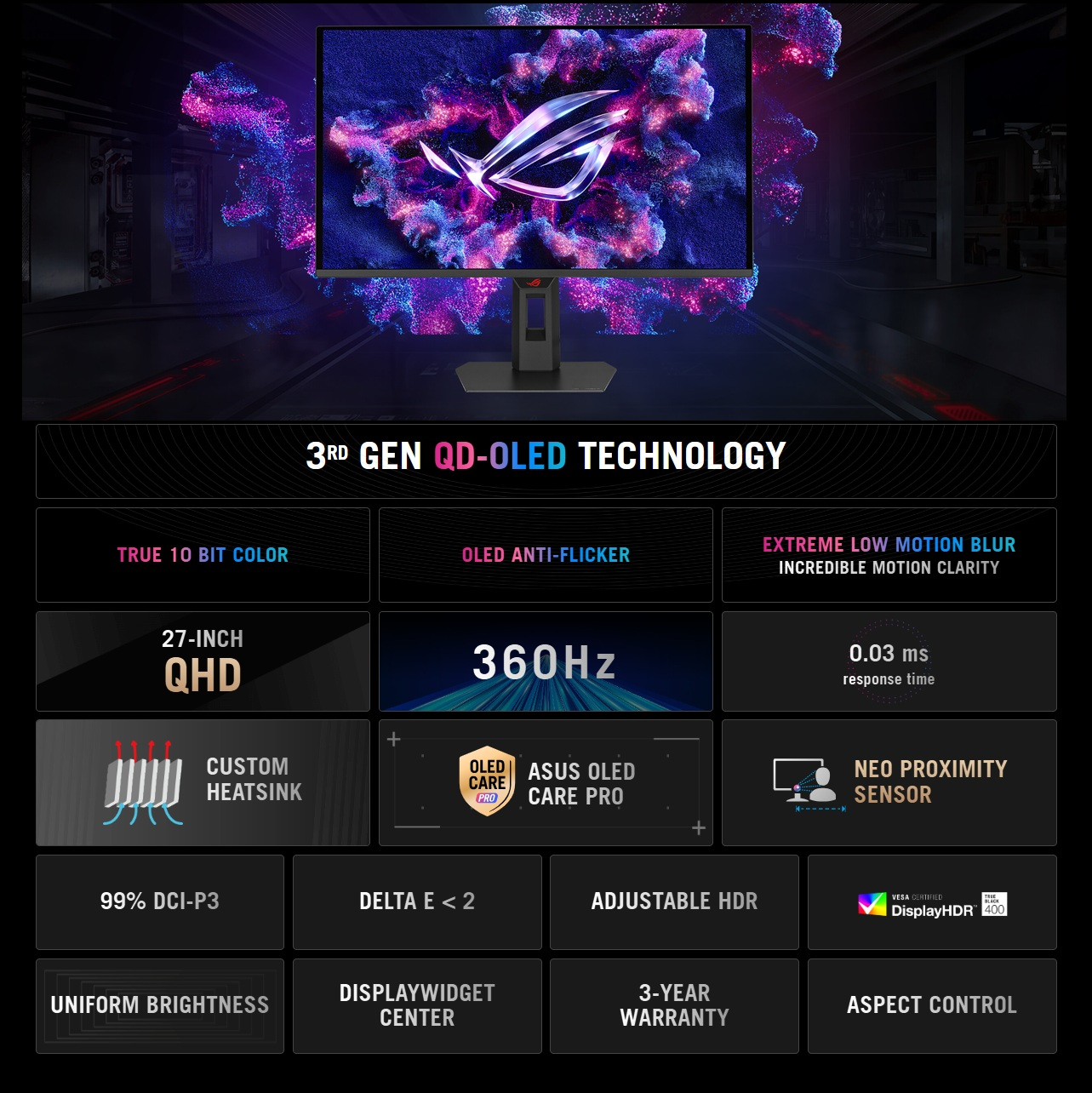 ASUS ROG Strix OLED XG27AQDNG 27-Inch QHD 360Hz QD-OLED Gaming Monitor,  0.03ms GTG, HDR10 True Black 400, 99% DCI-P3, FreeSync Premium Pro, G-SYNC  Compatible, HDMI 2.1, DisplayPort 1.4 DSC | BLACK | Expert-Zone
