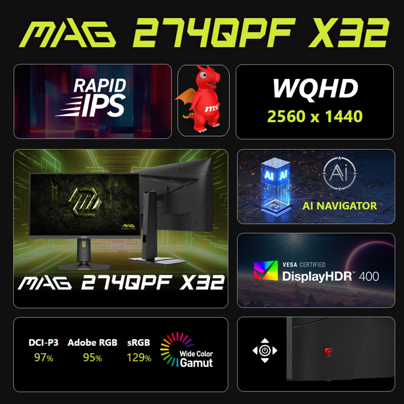 MSI MAG 274QPF X32 27-Inch WQHD 320Hz Rapid IPS Gaming Monitor – 0.5ms GTG,  HDMI 2.1 (WQHD@320Hz), DisplayPort 1.4a, VESA DisplayHDR 400, 97% DCI-P3,  Adaptive-Sync, Height Adjustable Stand | BLACK | Expert-Zone