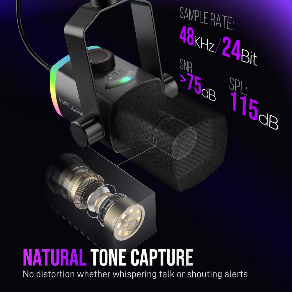 FIFINE AmpliGame AM8PROT USB/XLR Dynamic Gaming Microphone Kit With RGB Boom Arm, 48kHz/24Bit, 115dB SPL, Cardioid, Mix Control, Tap-To-Mute, Headphone Monitoring For PC Mac PS4/PS5