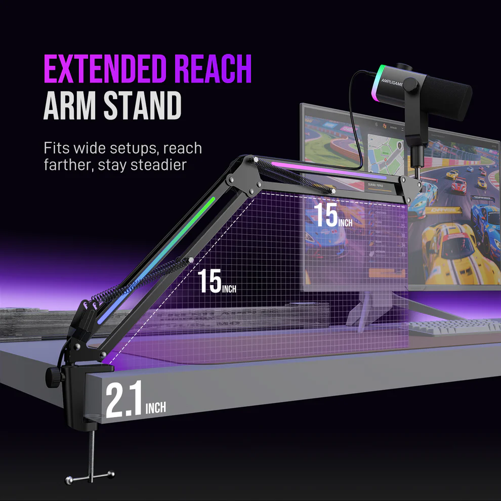 FIFINE AmpliGame AM8PROT USB/XLR Dynamic Gaming Microphone Kit With RGB Boom Arm, 48kHz/24Bit, 115dB SPL, Cardioid, Mix Control, Tap-To-Mute, Headphone Monitoring For PC Mac PS4/PS5