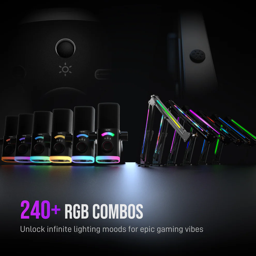 FIFINE AmpliGame AM8PROT USB/XLR Dynamic Gaming Microphone Kit With RGB Boom Arm, 48kHz/24Bit, 115dB SPL, Cardioid, Mix Control, Tap-To-Mute, Headphone Monitoring For PC Mac PS4/PS5