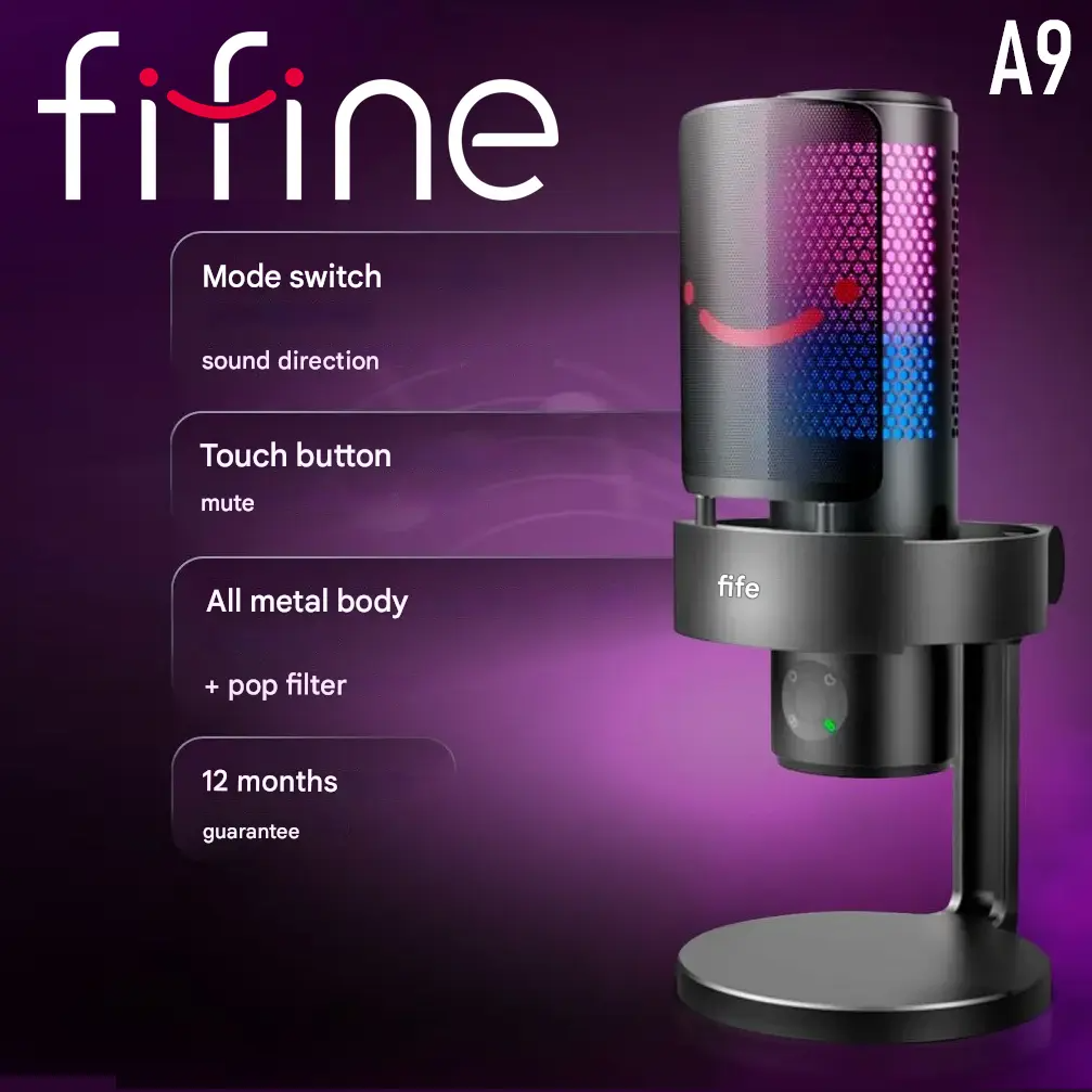 FIFINE AmpliGame A9 RGB Gaming&nbsp; / Streaming Microphone, USB-C&nbsp; & AUX Condenser With Shock Mount Pop Filter, Headphone Monitoring, Mute Control, Studio Recording, For Windows, Mac OS, PS4 / PS5, Smartphone, Tablet&nbsp;