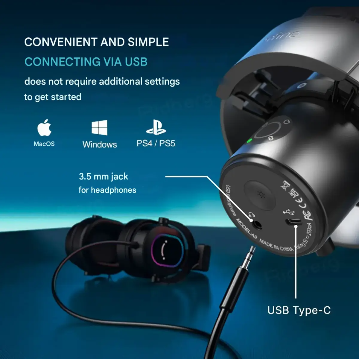 FIFINE AmpliGame A9 RGB Gaming&nbsp; / Streaming Microphone, USB-C&nbsp; & AUX Condenser With Shock Mount Pop Filter, Headphone Monitoring, Mute Control, Studio Recording, For Windows, Mac OS, PS4 / PS5, Smartphone, Tablet&nbsp;