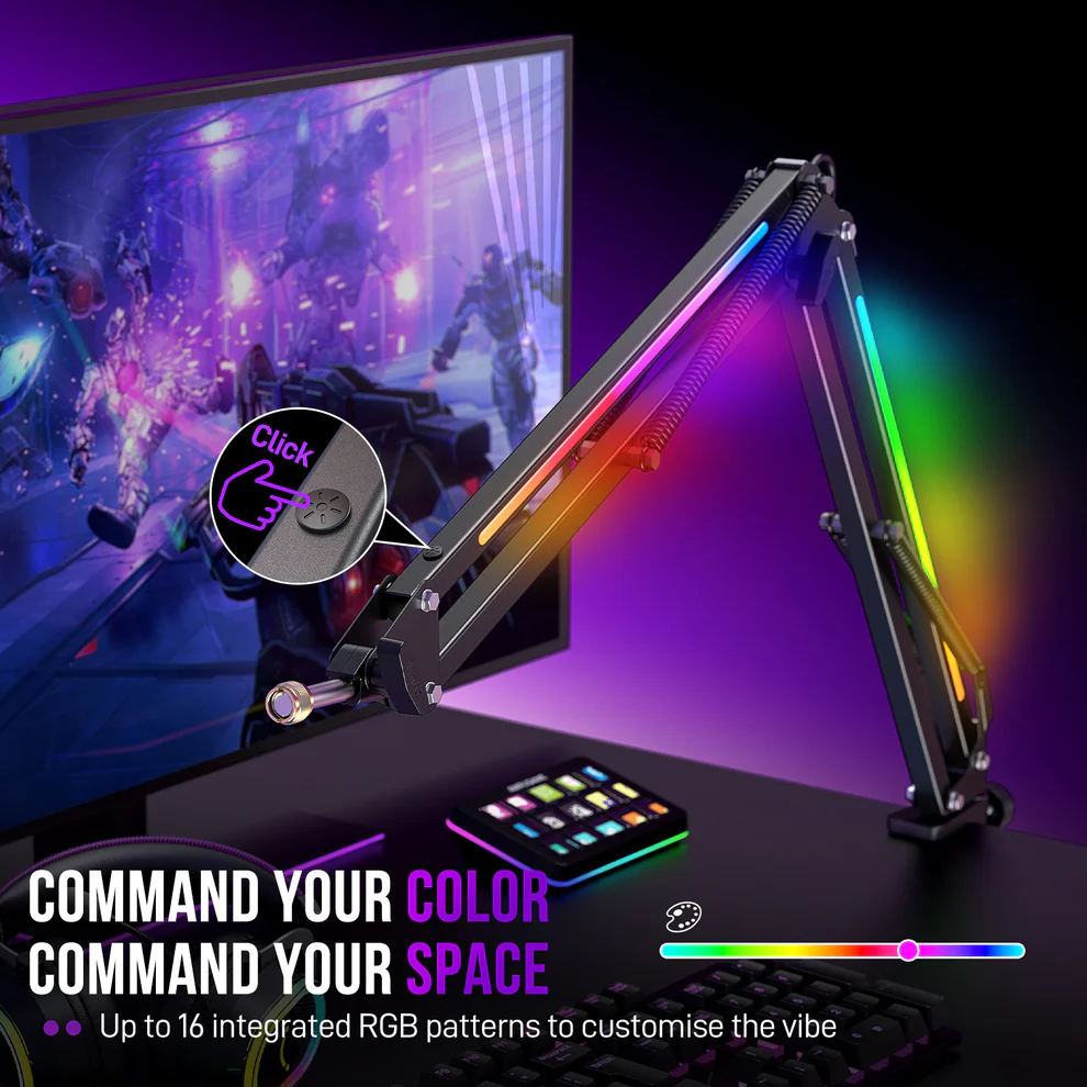 FIFINE AmpliGame BM38 RGB Microphone Boom Arm – Heavy Duty Metal Suspension Scissor Mic Stand, 360° Rotation, 3/8” & 5/8” Screw Adapter, Desk Mount Clamp, RGB Lighting For Podcast Streaming & Gaming