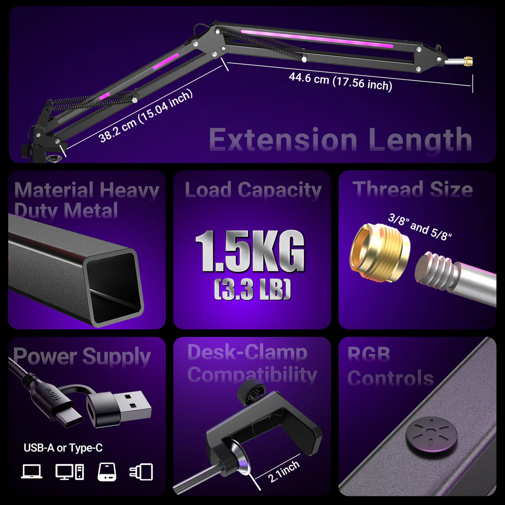 FIFINE AmpliGame BM38 RGB Microphone Boom Arm – Heavy Duty Metal Suspension Scissor Mic Stand, 360° Rotation, 3/8” & 5/8” Screw Adapter, Desk Mount Clamp, RGB Lighting For Podcast Streaming & Gaming