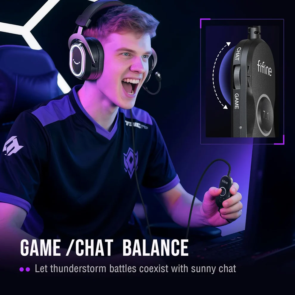 FIFINE AmpliGame H13 USB Gaming Headset RGB 7.1 Surround Sound 50mm Drivers Active Noise Cancelling Mic 48KHz EQ Control Inline Controller Gaming Headphones | BLACK