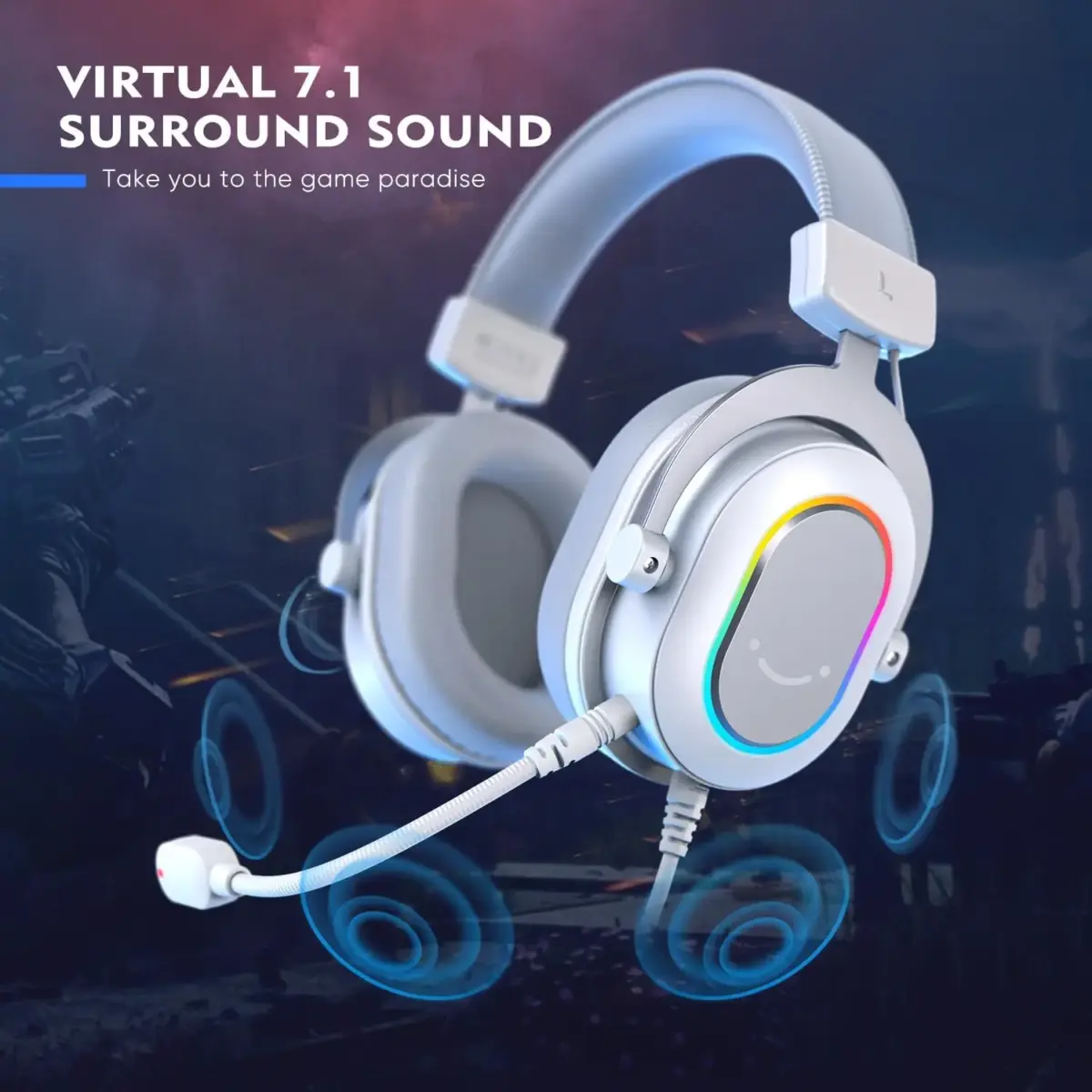 FIFINE AmpliGame H6 USB Gaming Headset with RGB & 7.1 Surround Sound, Omni Condenser Mic, 48KHz, USB-A, Lightweight Memory Foam Breathable Ear Cushions, Streaming Headphones on PS4/PS5 | WHITE / SILVER