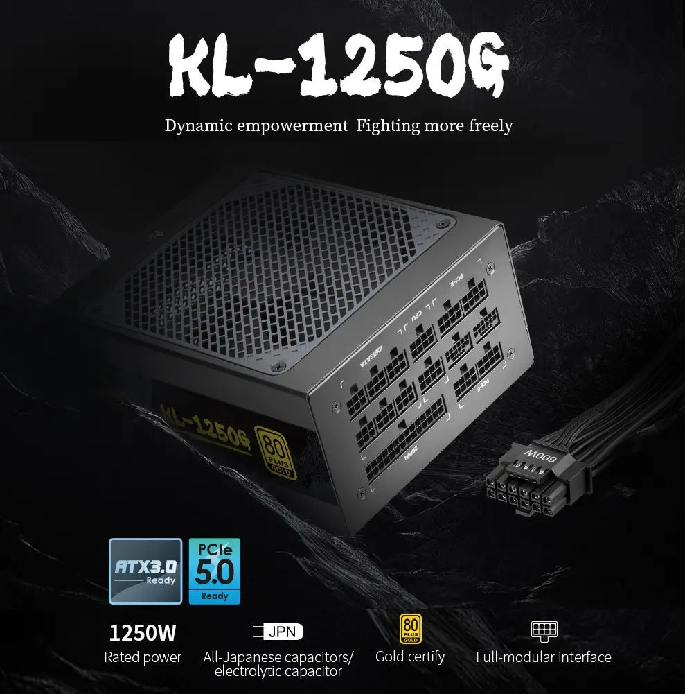 Segotep Kunlun KL-1250G 1250W ATX 3.0 Power Supply, Full Modular, 80 Plus Gold, PCIe 5.0, 12VHPWR 16 Pin 104A Single Rail, Japanese Capacitors, High End Gaming PSU | BLACK