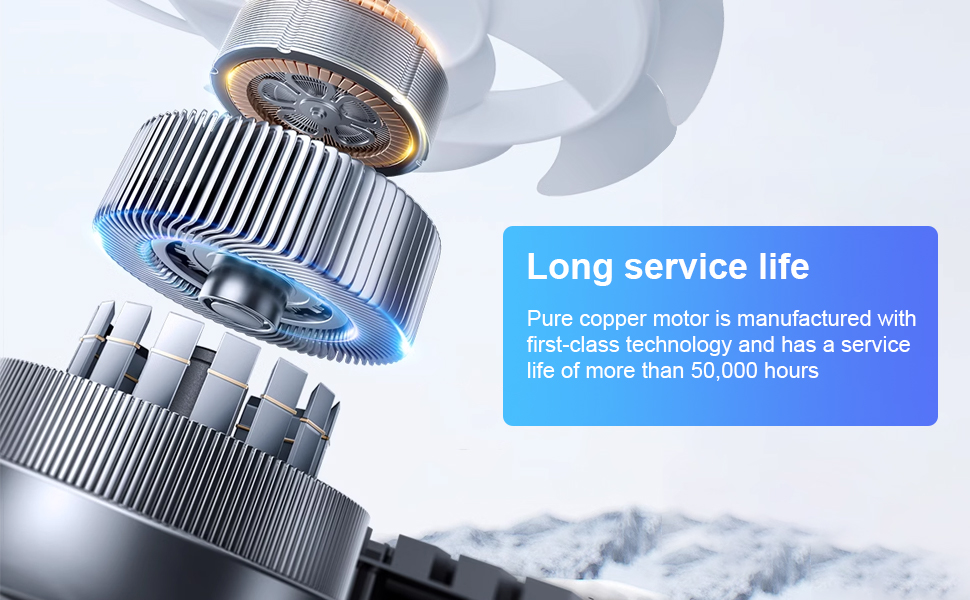 Close-up van mechanische tandwielen of motoronderdelen. De tekstoverlay vermeldt een lange levensduur van meer dan 50.000 uur voor een puur koperen motor met eersteklas technologie