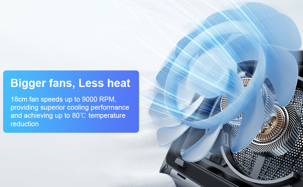 Computerventilator met blauwe verlichting. De tekst geeft een ventilator van 15 cm aan met een snelheid van 3000 RPM, met de nadruk op verbeterde koelprestaties en ruisonderdrukking