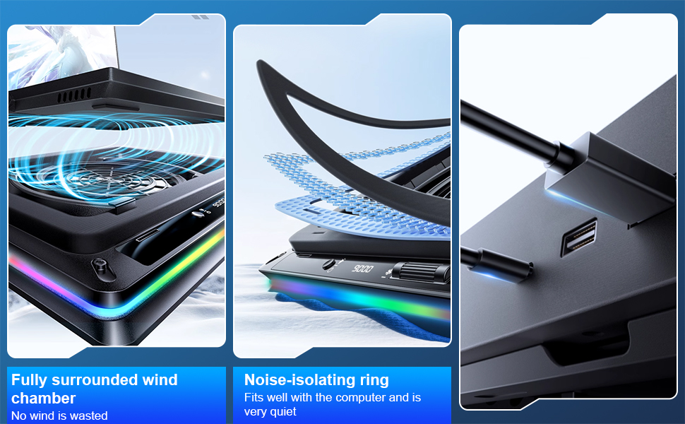 Afbeelding met drie panelen van een apparaat met volledig omringende windkamer, geluidsisolerende ring en USB-poort. Beschikt over blauwe verlichting en een strak ontwerp.