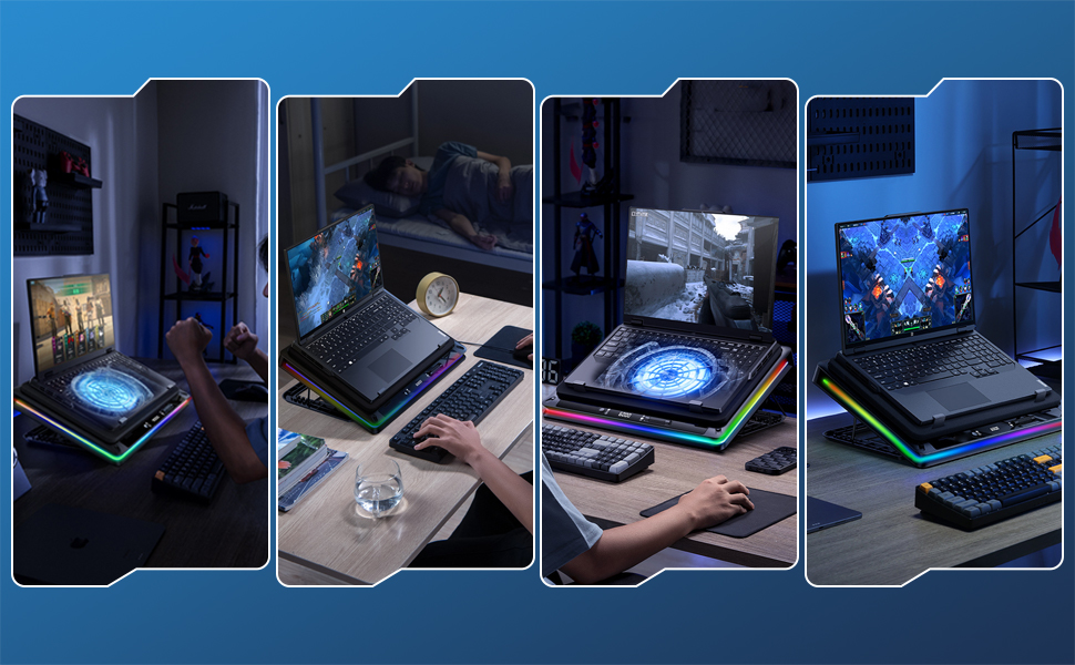 Serie van vier verbonden beelden die holografische weergavetechnologie tonen die wordt gebruikt met verschillende apparaten, met blauw verlichte interfaceprojecties