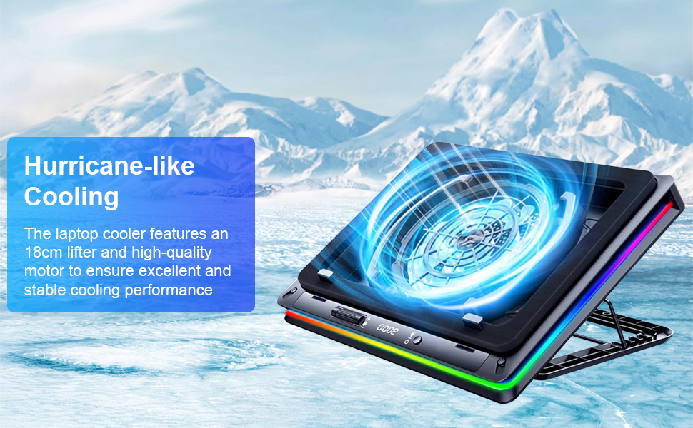 Marketingafbeelding van een koelpad voor laptops met een apparaat tegen een besneeuwde bergachtergrond, met de nadruk op een ventilator van 18 cm en koelprestaties