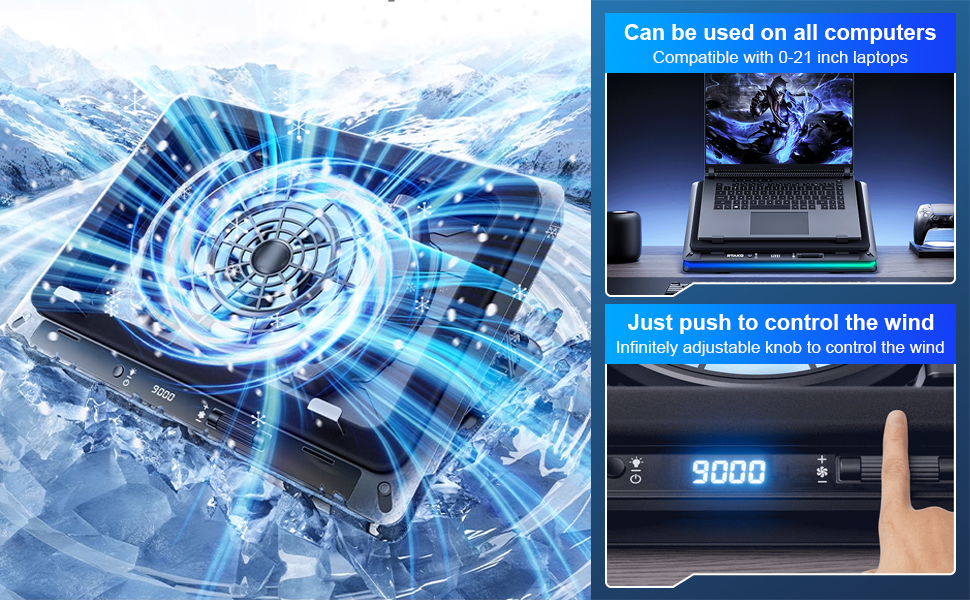 Gesplitste afbeelding van futuristisch technologieconcept met blauwe digitale werveling en laptop waarop '3000' wordt weergegeven met tekst over computergebruik