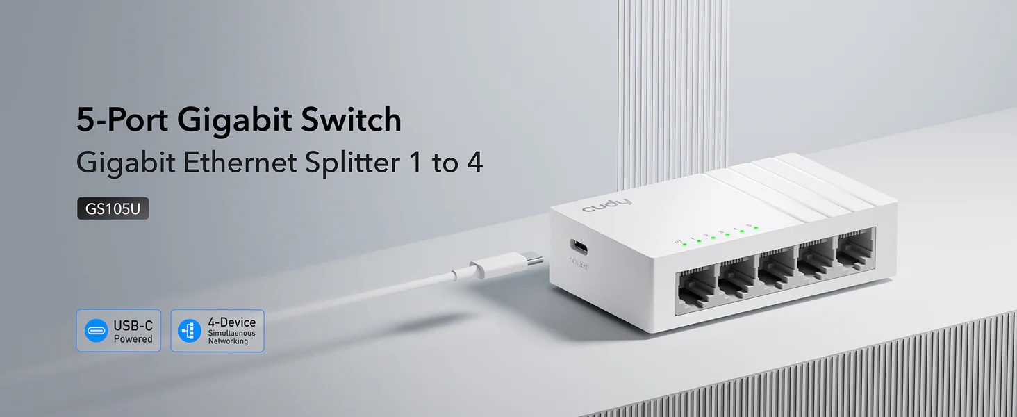 Commutateur Gigabit 5 ports avec entrée d'alimentation USB-C, GS105U 1 –  Cudy