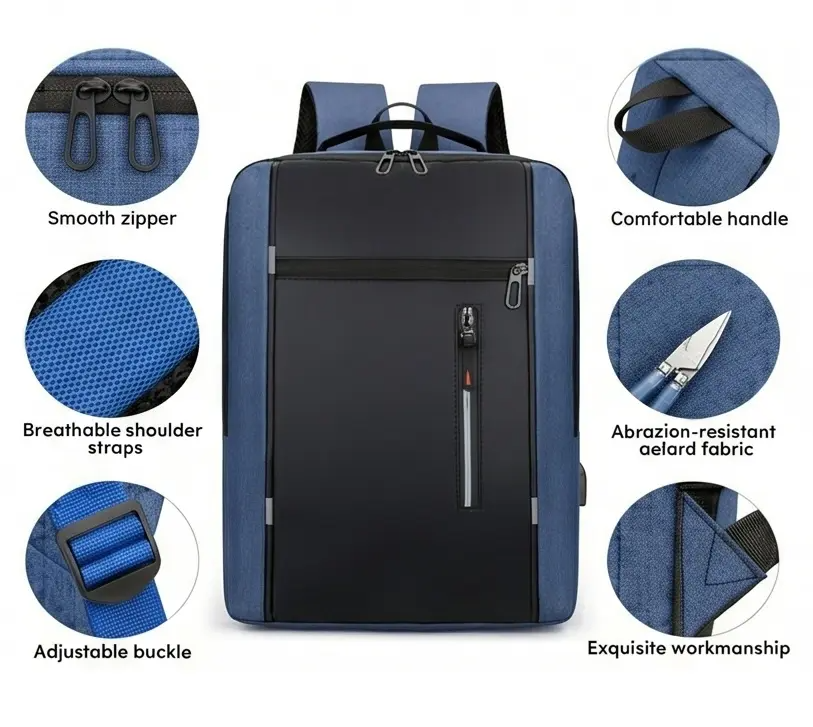 Waterproof Oxford Laptop Backpack With USB Charging Port, Multi-Compartment Business Travel Bag, Padded 15.6 Inch Laptop Protective Sleeve , Ergonomic Design |&nbsp; Black & Blue&nbsp; ~ EXP039
