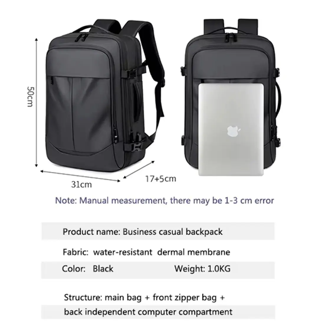 Expandable Multi-Compartment Backpack With USB Charging Port, 36–59L, 15.6 Inch Laptop Compartment, Waterproof Polyester , 2-Way Carry, Ergonomic Back Support, Travel Business Bag