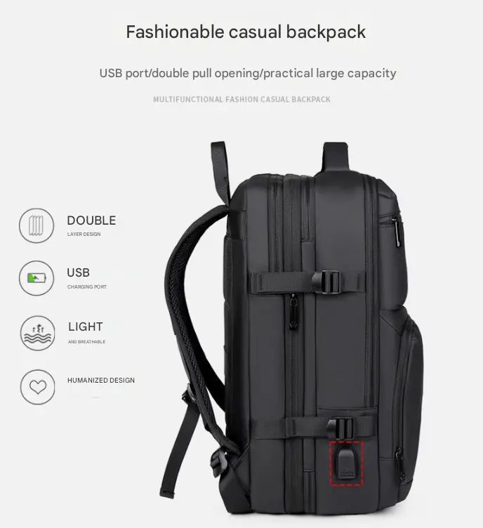 Expandable Business Travel Backpack With USB Charging Port, Water-Resistant Fabric, 15.6 Inch Laptop Compatibility, 20–30cm Expansion, Ergonomic Mesh Back, Multi-Compartment Carry-On Design