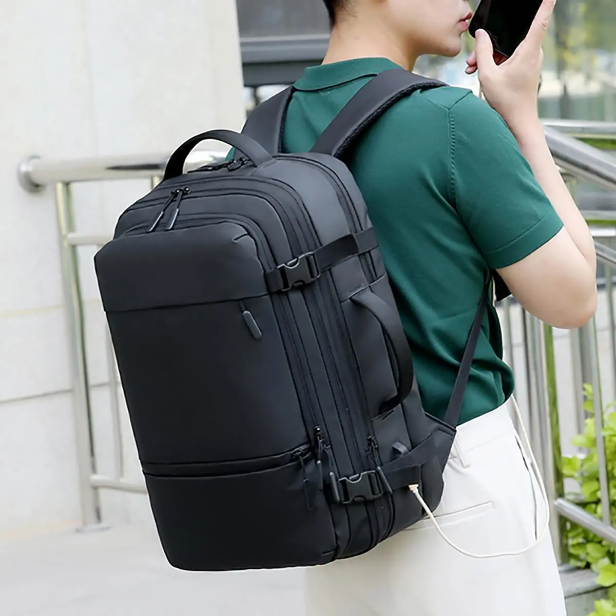 Expandable Travel Backpack 15.6 Inch Laptop Fit With USB Charging Port, PU Waterproof Carry On Bag, Anti Theft Pocket, Multi Compartments, Luggage Strap