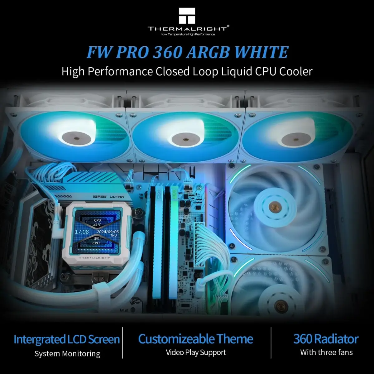 Thermalright Frozen Warframe PRO 360 White ARGB AIO CPU Liquid Cooler, 2.73-Inch LCD Display, 2000RPM PWM Fans, 250W TDP, AM4/AM5 & Intel LGA1700/1851 Ready | TL-P12W-S