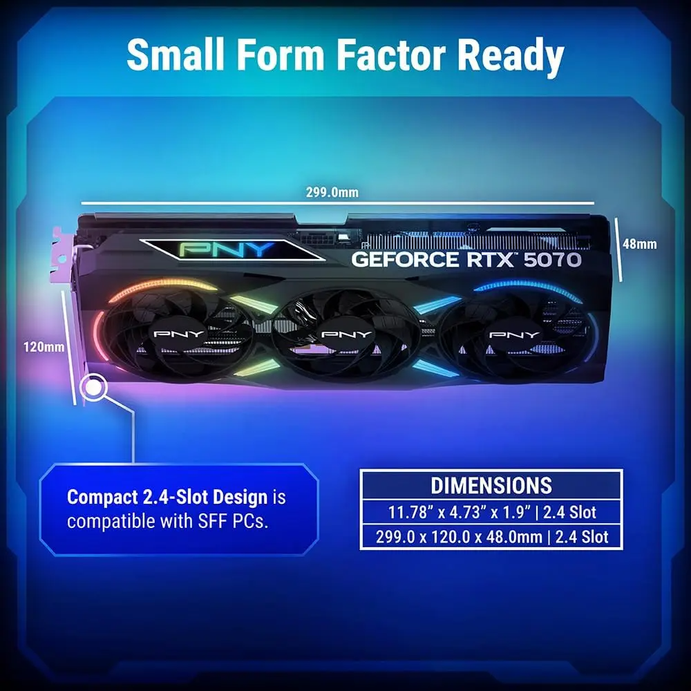 PNY GeForce RTX 5070 Epic-X ARGB OC Triple Fan 12GB , Graphics Card, 2685 MHz Boost , 250W TDP, 6144 CUDA Cores, PCIe 5.0, DLSS 4 | BLACK