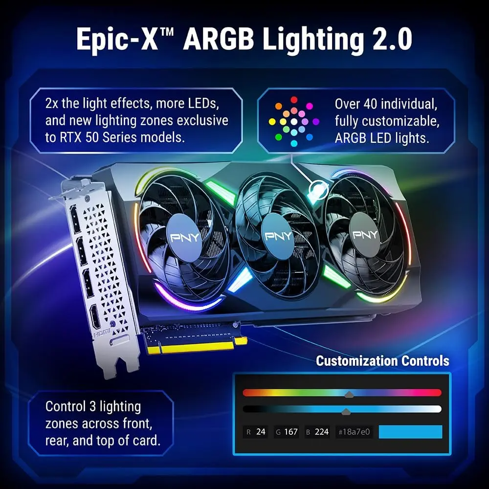 PNY GeForce RTX 5070 Epic-X ARGB OC Triple Fan 12GB , Graphics Card, 2685 MHz Boost , 250W TDP, 6144 CUDA Cores, PCIe 5.0, DLSS 4 | BLACK