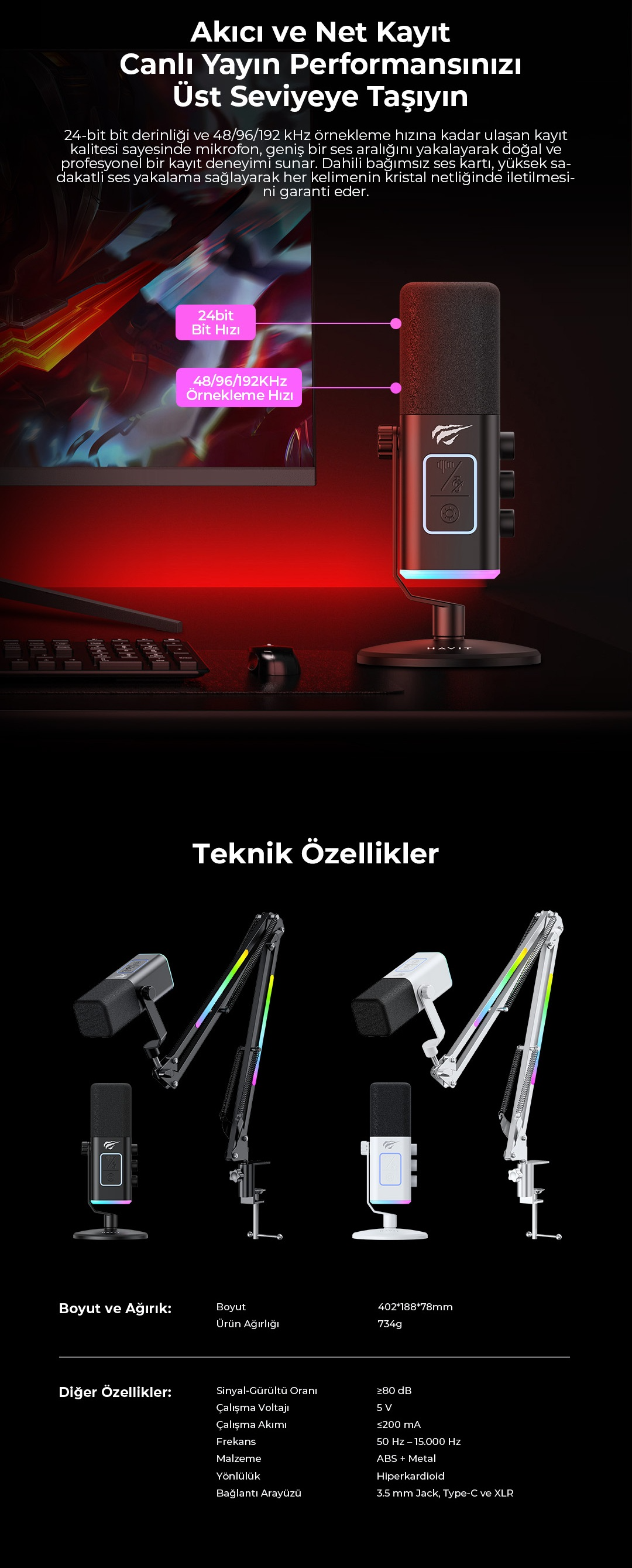 Havit Gamenote GK71 Pro Rgb Yayıncı Mikrofonu, 24-Bit, Fiyatı