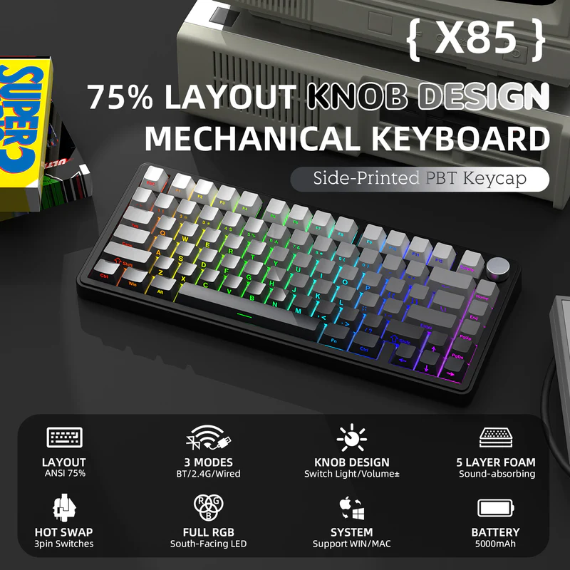 Attack Shark X85 Wireless Mechanical Keyboard – 75% Tri-Mode with Linear White Jade Switches, RGB, Hot-Swappable PCB & CNC Aluminum Volume Knob, Gradient Black - Image 1